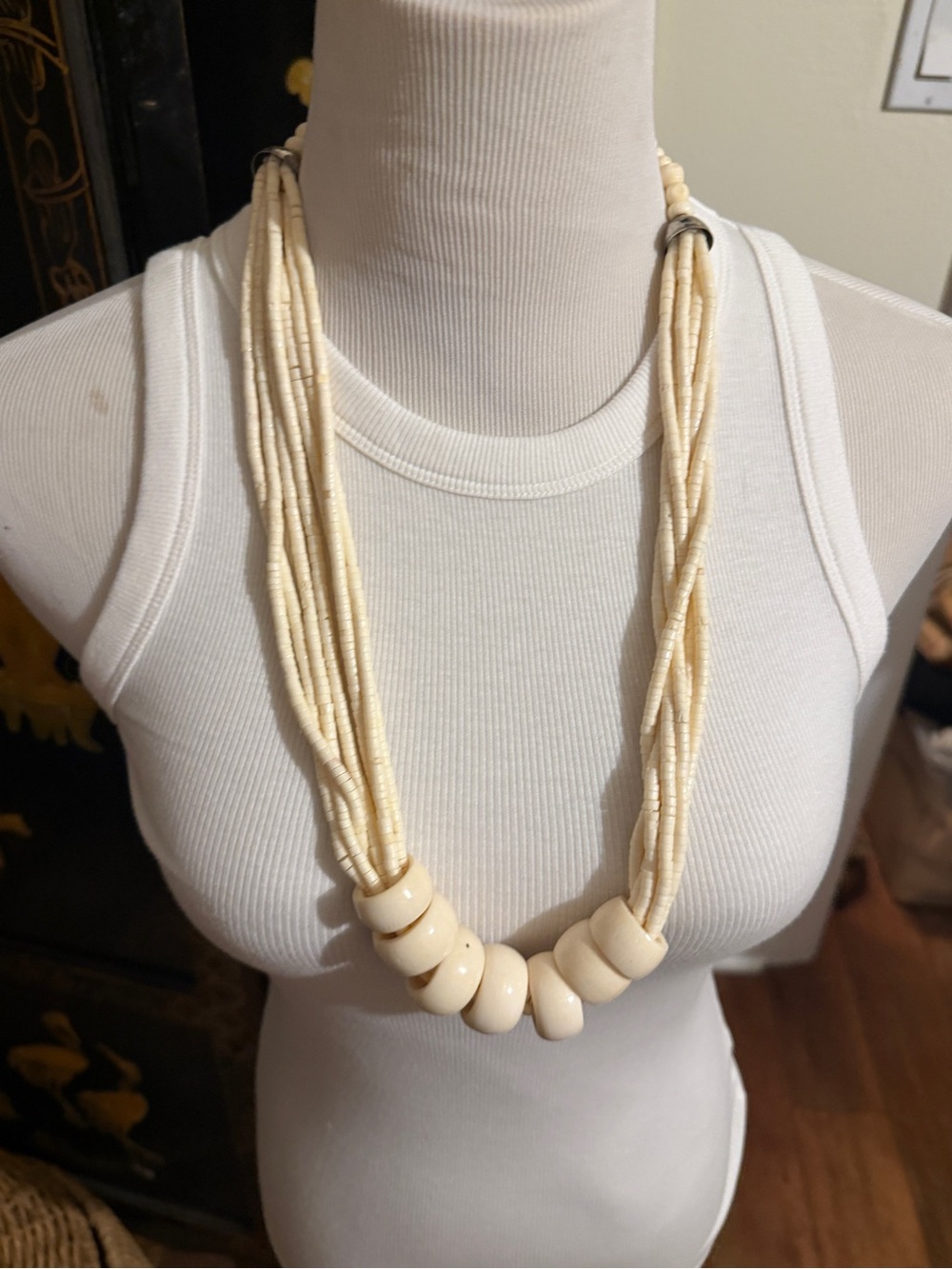 Vintage Multi-Strand Cream Tribal Bead Statement Necklace